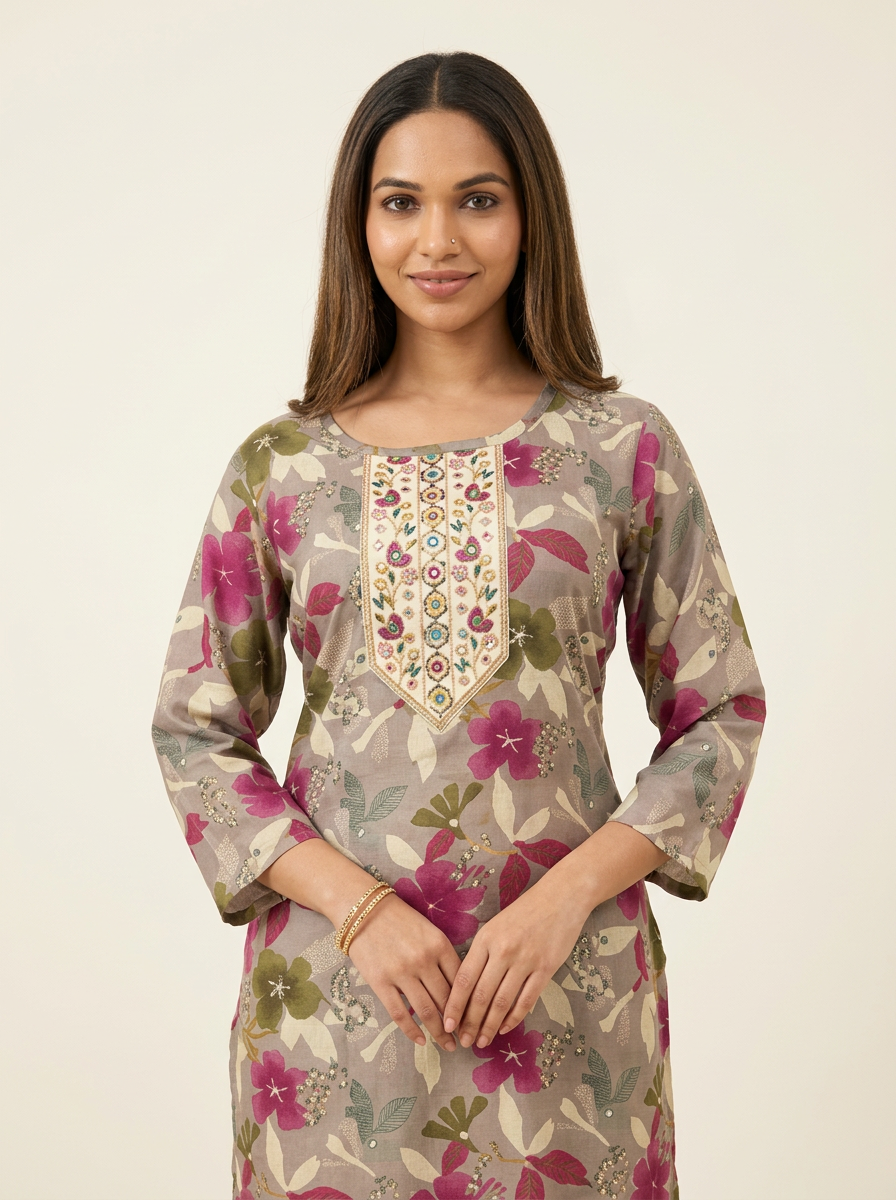 TAUPE FLORAL PRINTED KURTA