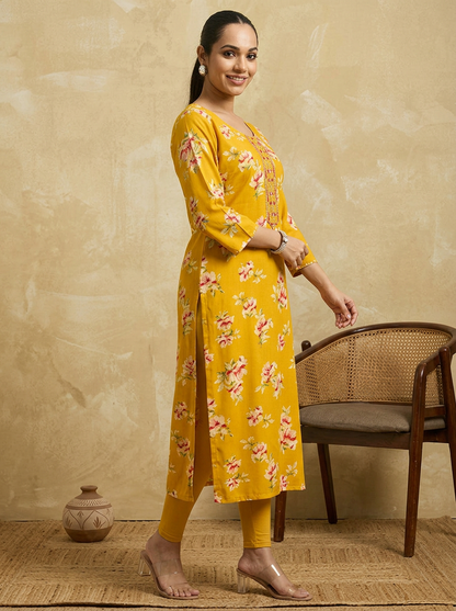 ANVIRA Women Mustard & Pink Floral Printed Straight Kurta