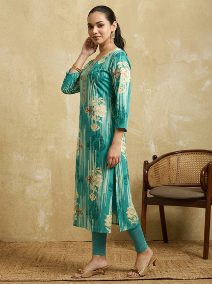 KALINI Women Teal Green & Beige Floral Printed Straight Kurta
