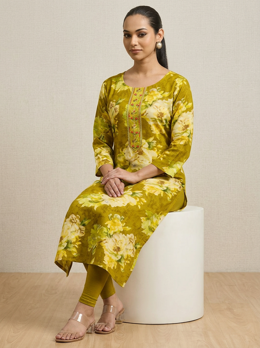 KAVIRA Women Mustard Green & Yellow Floral Printed Straight Kurta
