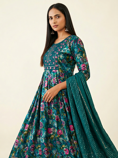 SAVIKA Women Floral Printed Anarkali Kurta Set with Trousers & Dupatta
