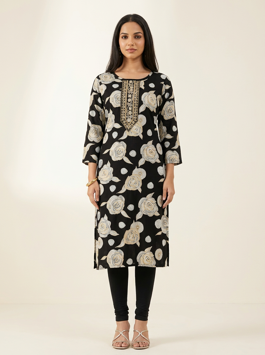 BLACK FLORAL PRINTED KURTA