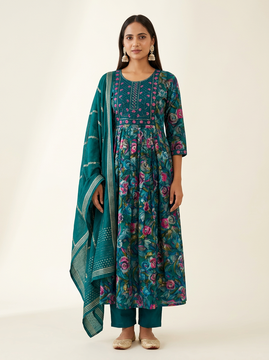 SAVIKA Women Floral Printed Anarkali Kurta Set with Trousers & Dupatta