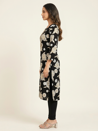 BLACK FLORAL PRINTED KURTA