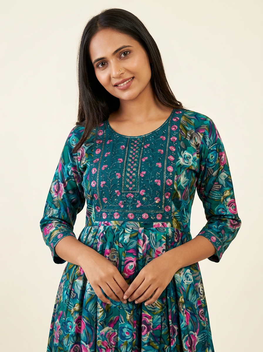 SAVIKA Women Floral Printed Anarkali Kurta Set with Trousers & Dupatta