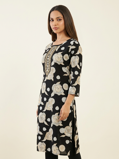 BLACK FLORAL PRINTED KURTA