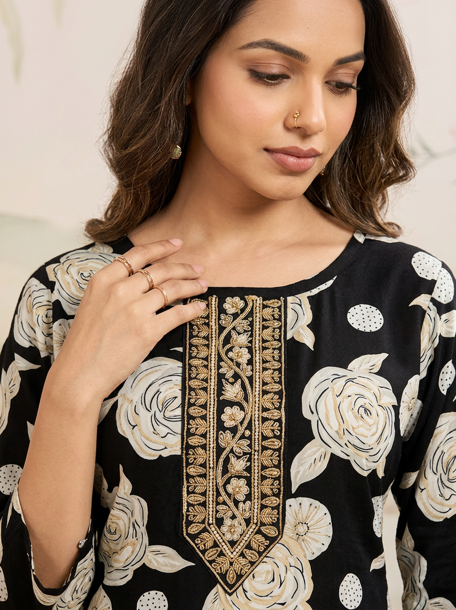 BLACK FLORAL PRINTED KURTA