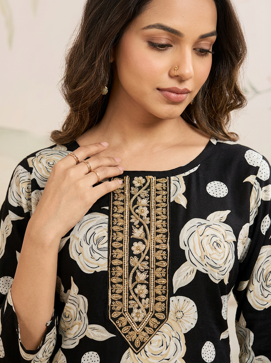 BLACK FLORAL PRINTED KURTA
