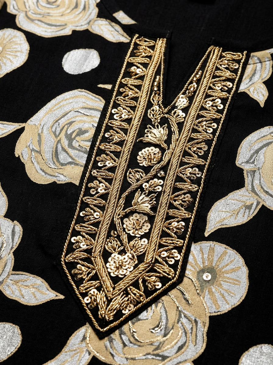 BLACK FLORAL PRINTED KURTA