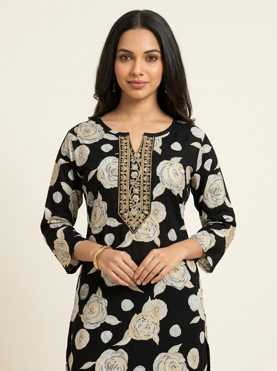 BLACK FLORAL PRINTED KURTA