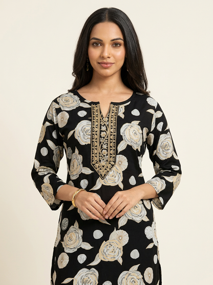 BLACK FLORAL PRINTED KURTA