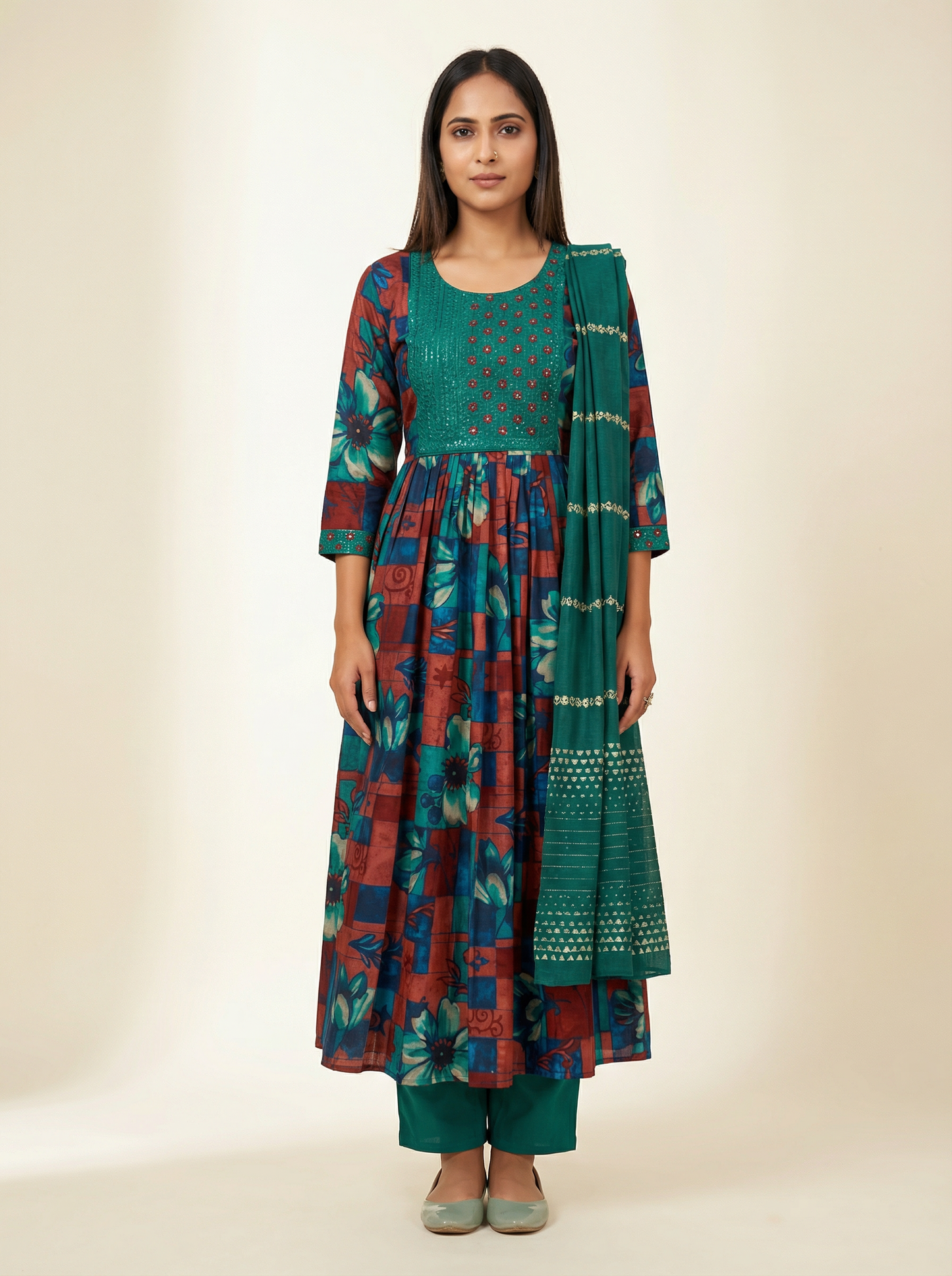VASUNDHARA Women Floral Printed Anarkali Kurta Set with Trousers & Dupatta