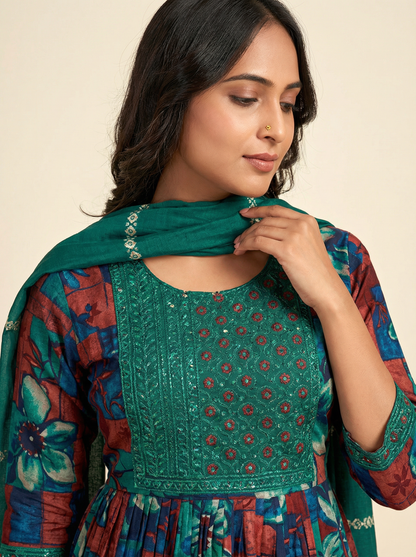 VASUNDHARA Women Floral Printed Anarkali Kurta Set with Trousers & Dupatta