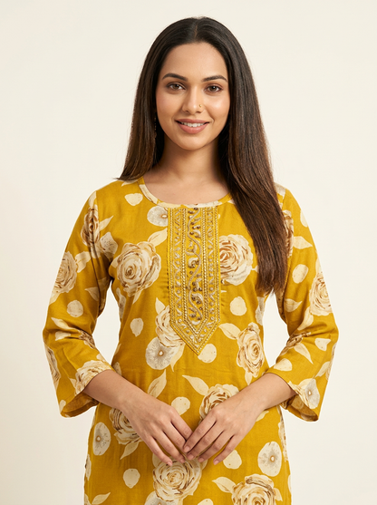 MUSTARD FLORAL PRINTED KURTA