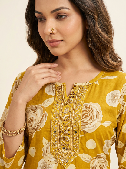 MUSTARD FLORAL PRINTED KURTA