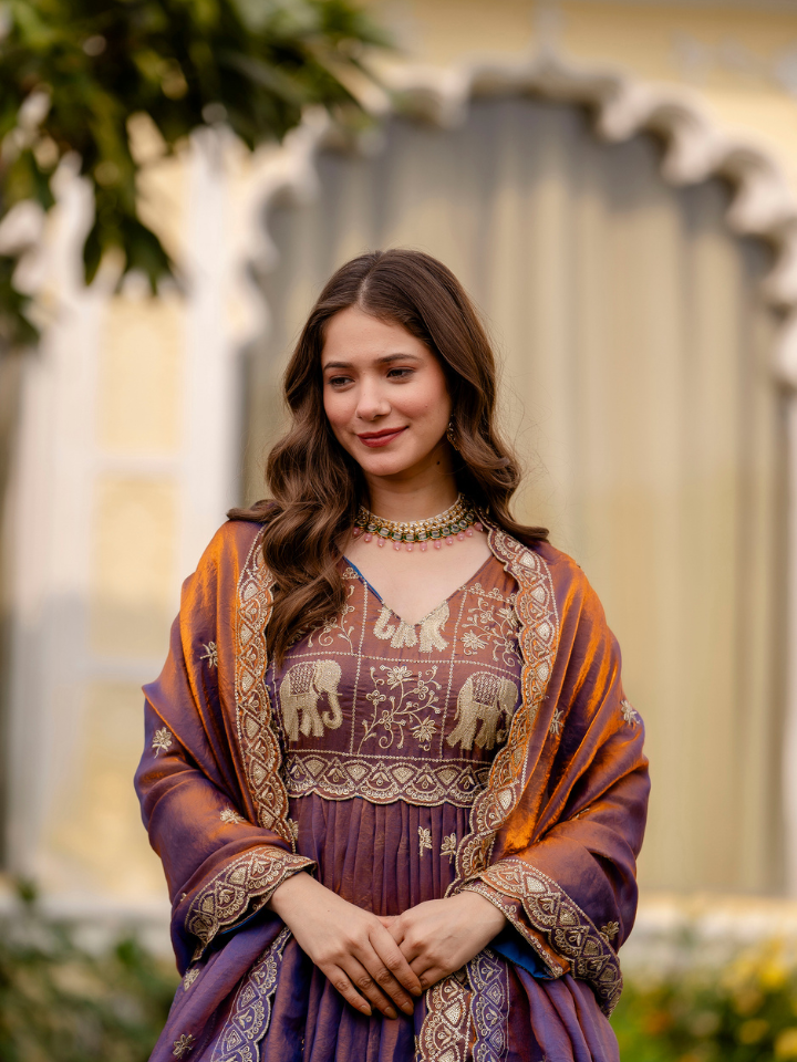 Dual Tone Embroidered Fendy Satin Gown