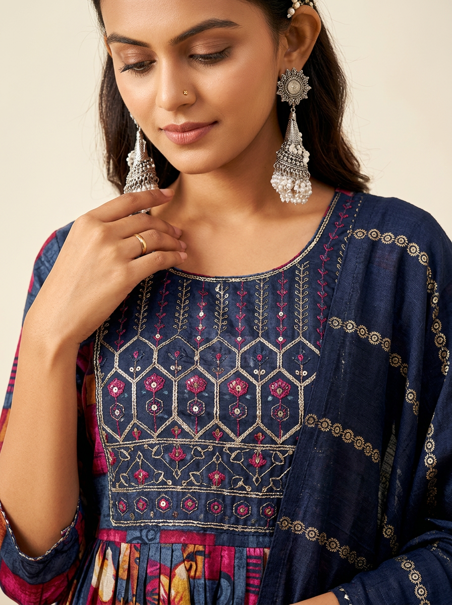 KALINI Women Floral Printed Anarkali Kurta Set with Trousers & Dupatta