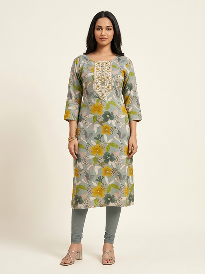 SAGE GREEN FLORAL PRINTED KURTA