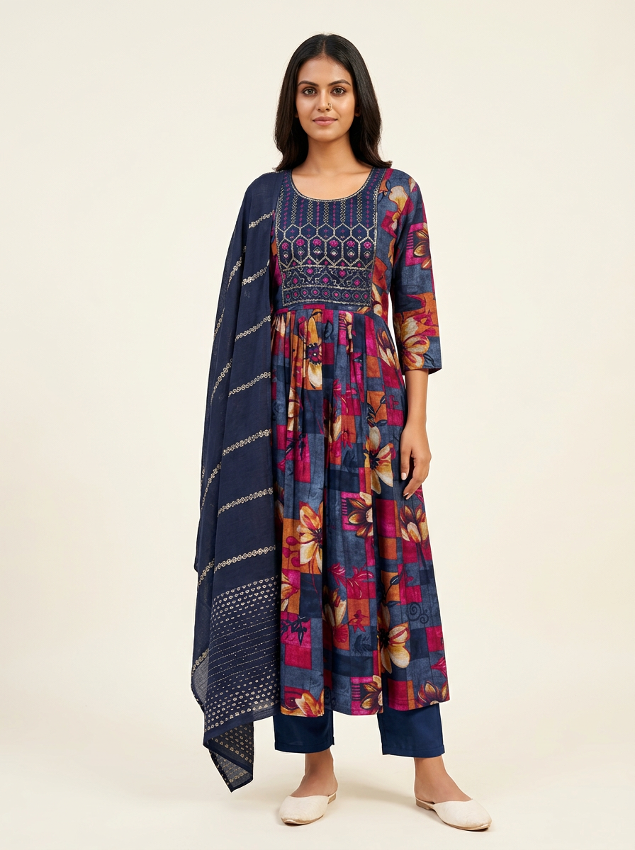KALINI Women Floral Printed Anarkali Kurta Set with Trousers & Dupatta