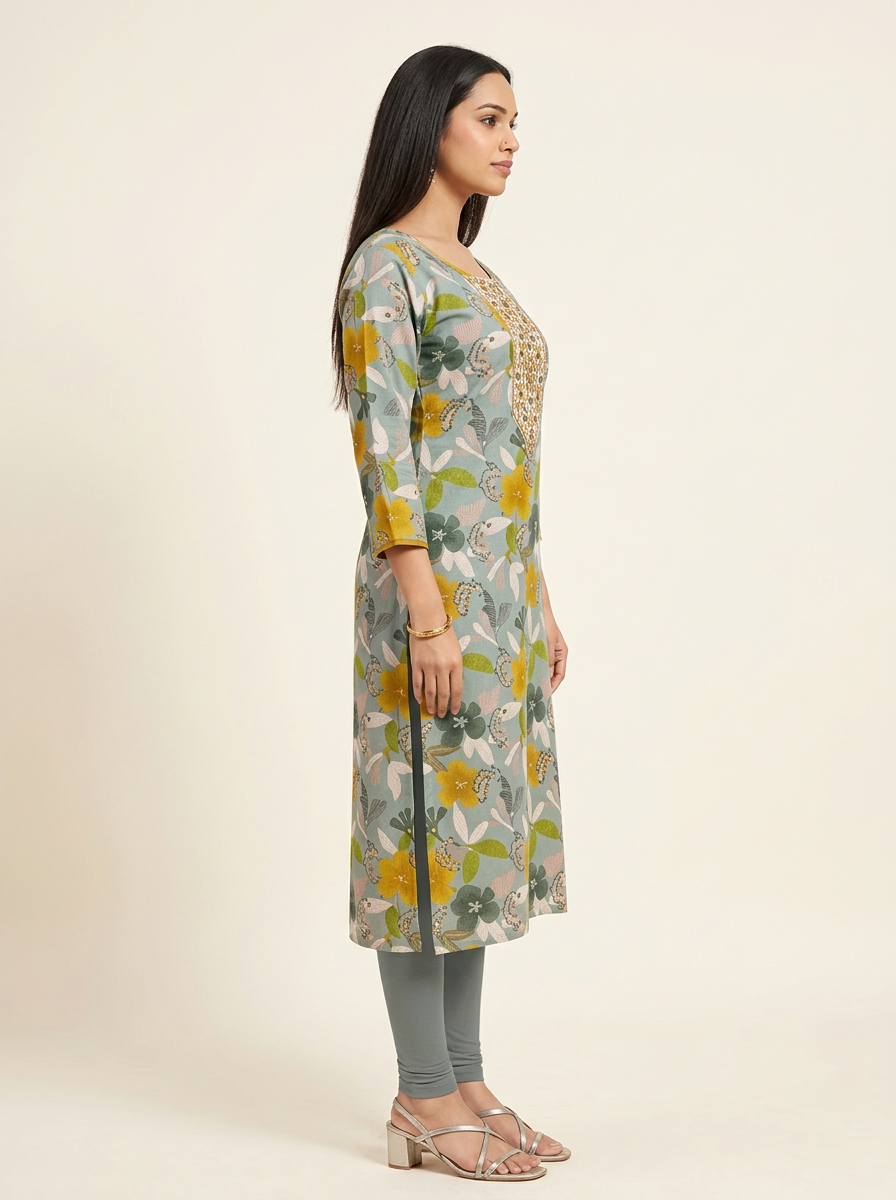 SAGE GREEN FLORAL PRINTED KURTA