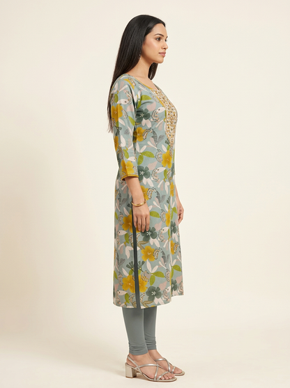 SAGE GREEN FLORAL PRINTED KURTA