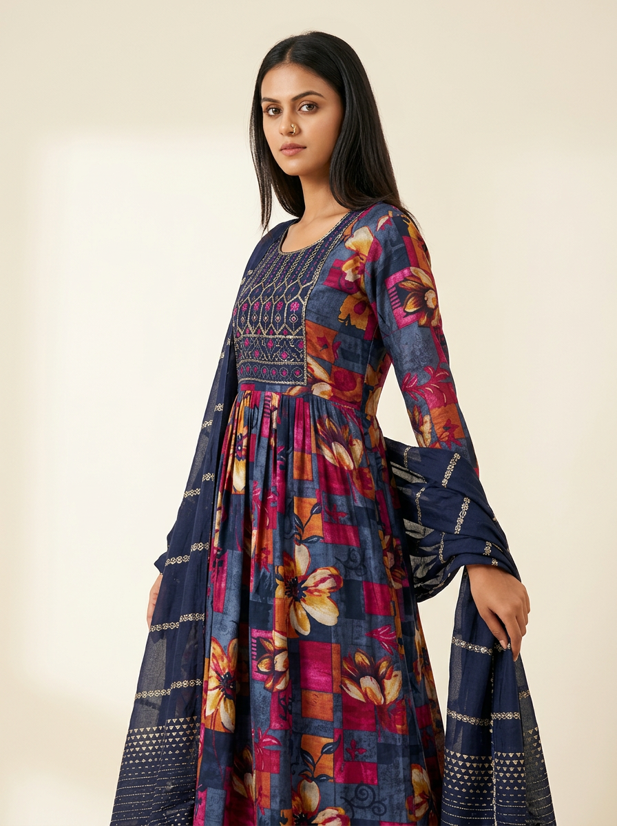 KALINI Women Floral Printed Anarkali Kurta Set with Trousers & Dupatta