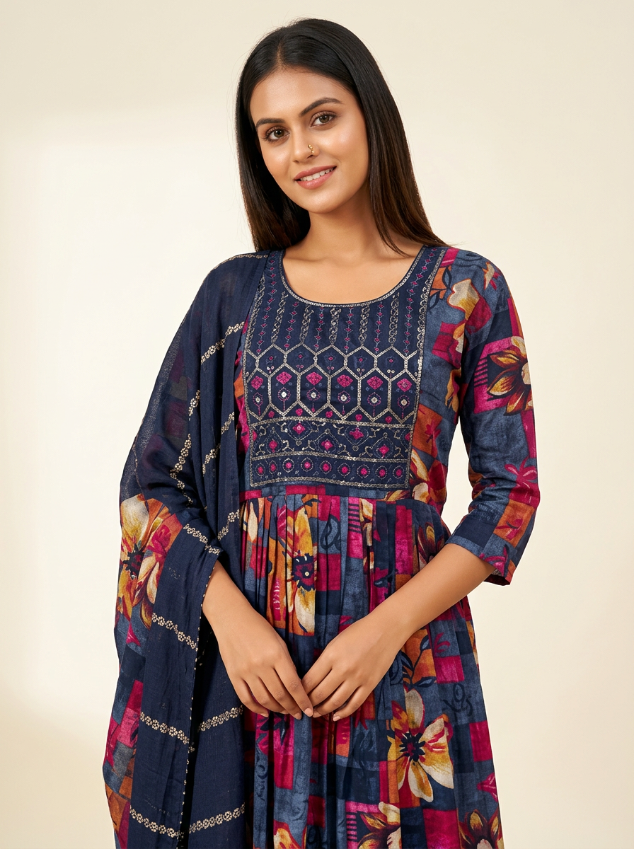 KALINI Women Floral Printed Anarkali Kurta Set with Trousers & Dupatta