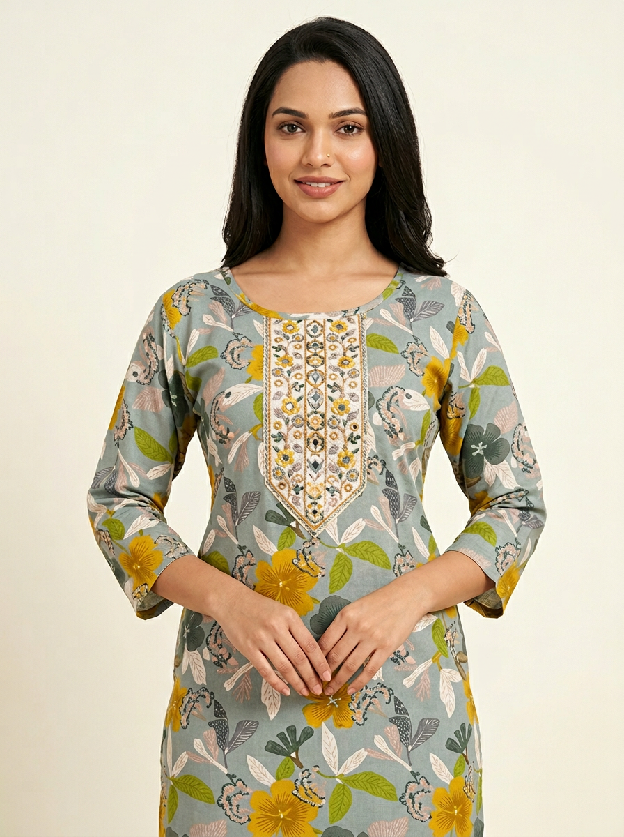 SAGE GREEN FLORAL PRINTED KURTA