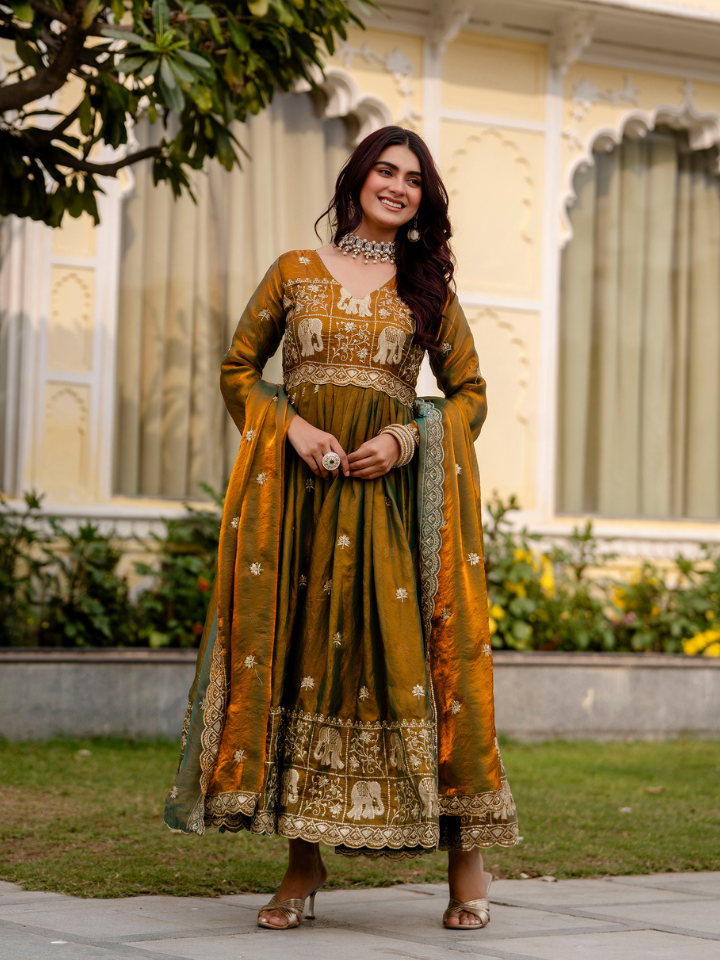 Dual Tone Embroidered Fendy Satin Gown