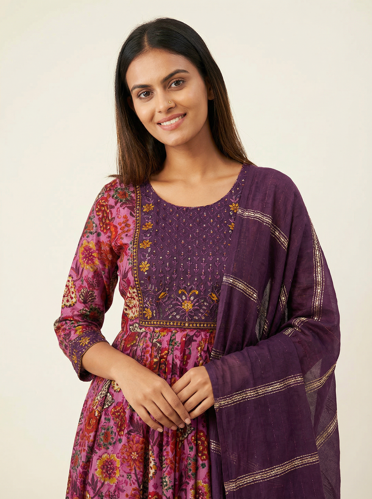 ANVIKA Women Floral Printed Anarkali Kurta Set with Trousers & Dupatta