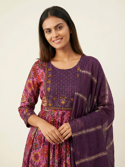 ANVIKA Women Floral Printed Anarkali Kurta Set with Trousers & Dupatta