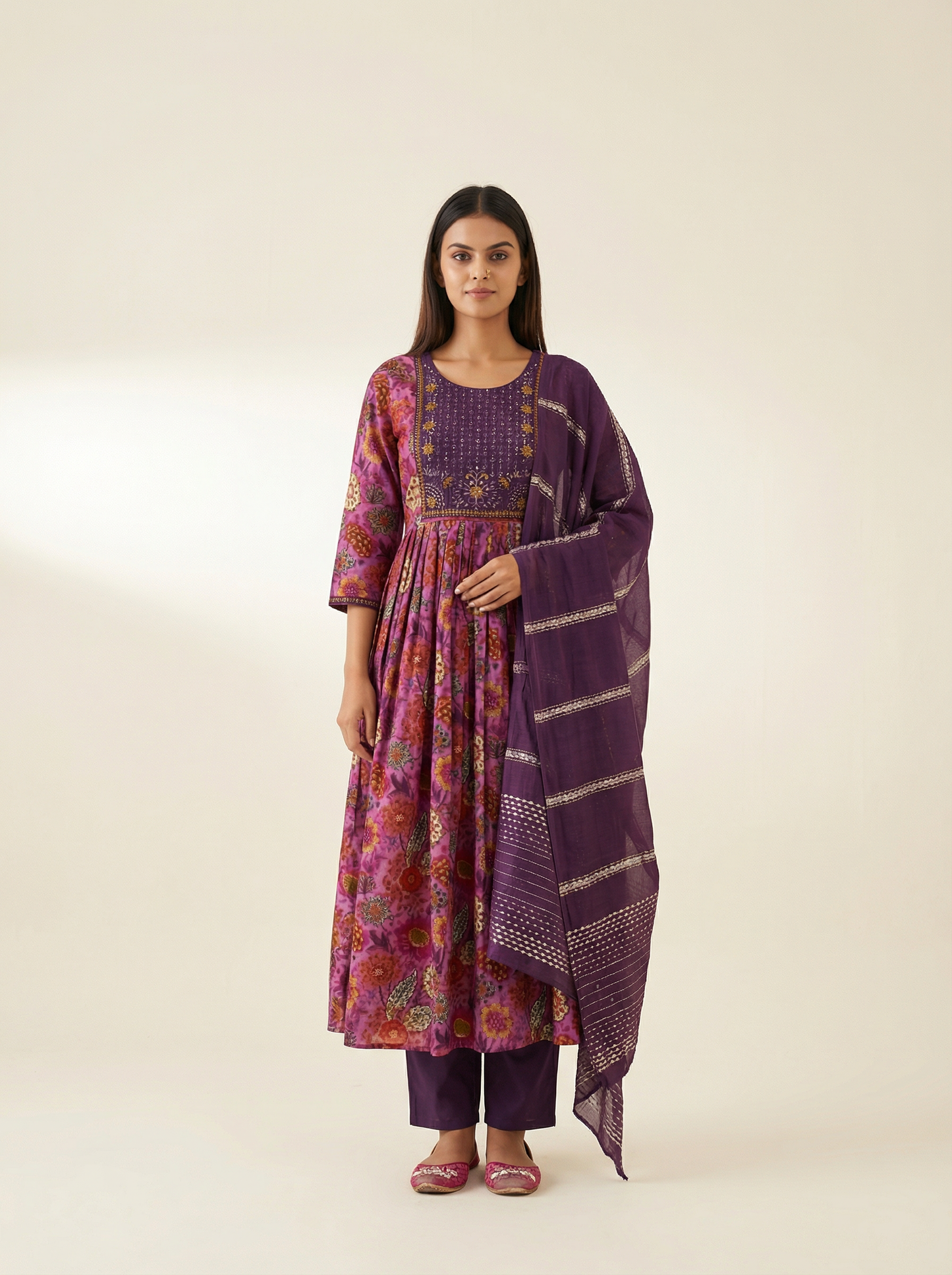 ANVIKA Women Floral Printed Anarkali Kurta Set with Trousers & Dupatta