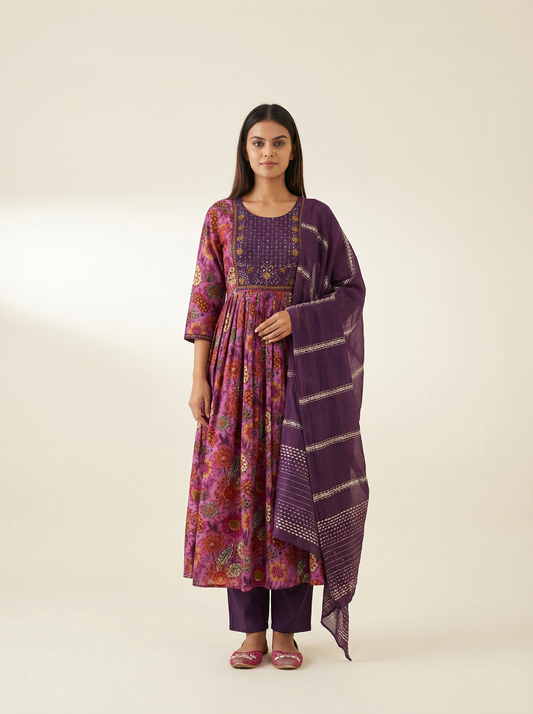 ANVIKA Women Floral Printed Anarkali Kurta Set with Trousers & Dupatta