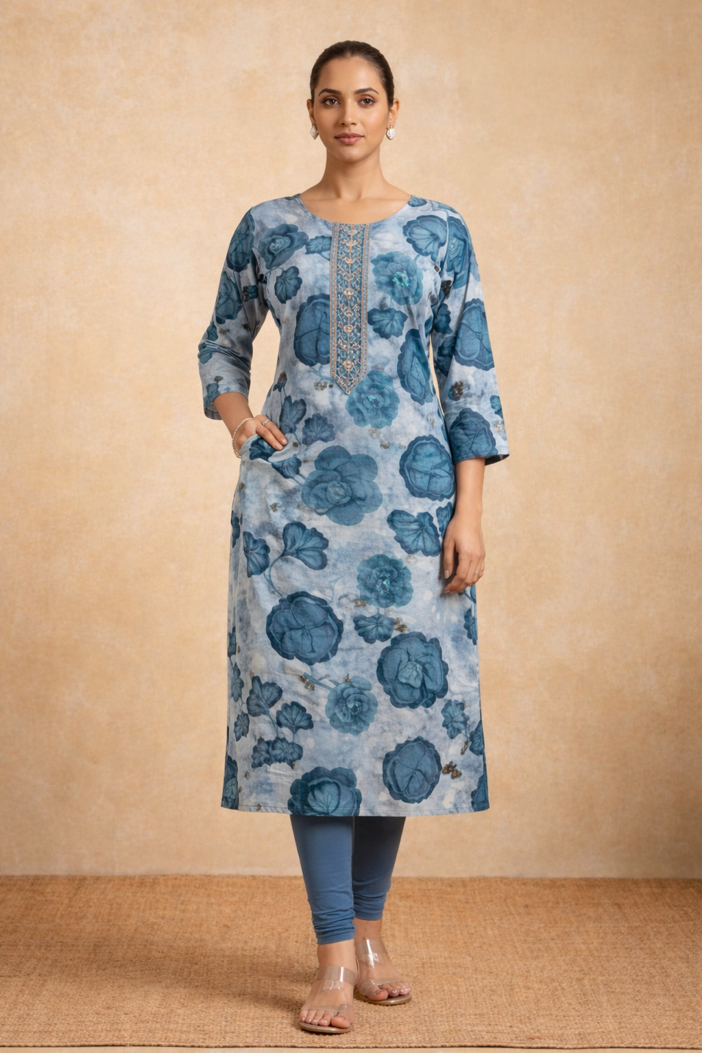 AVIRA Women Blue & Grey Floral Printed Straight Kurta