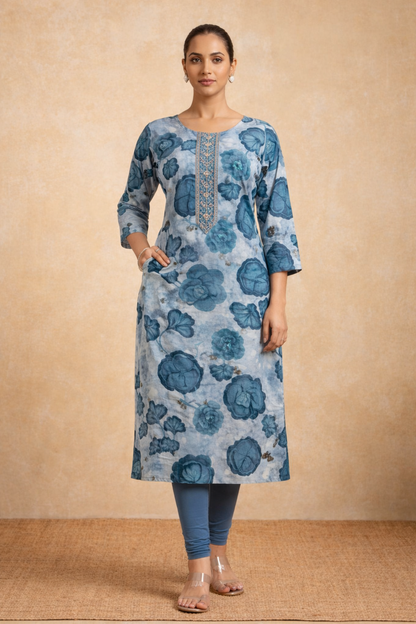 AVIRA Women Blue & Grey Floral Printed Straight Kurta