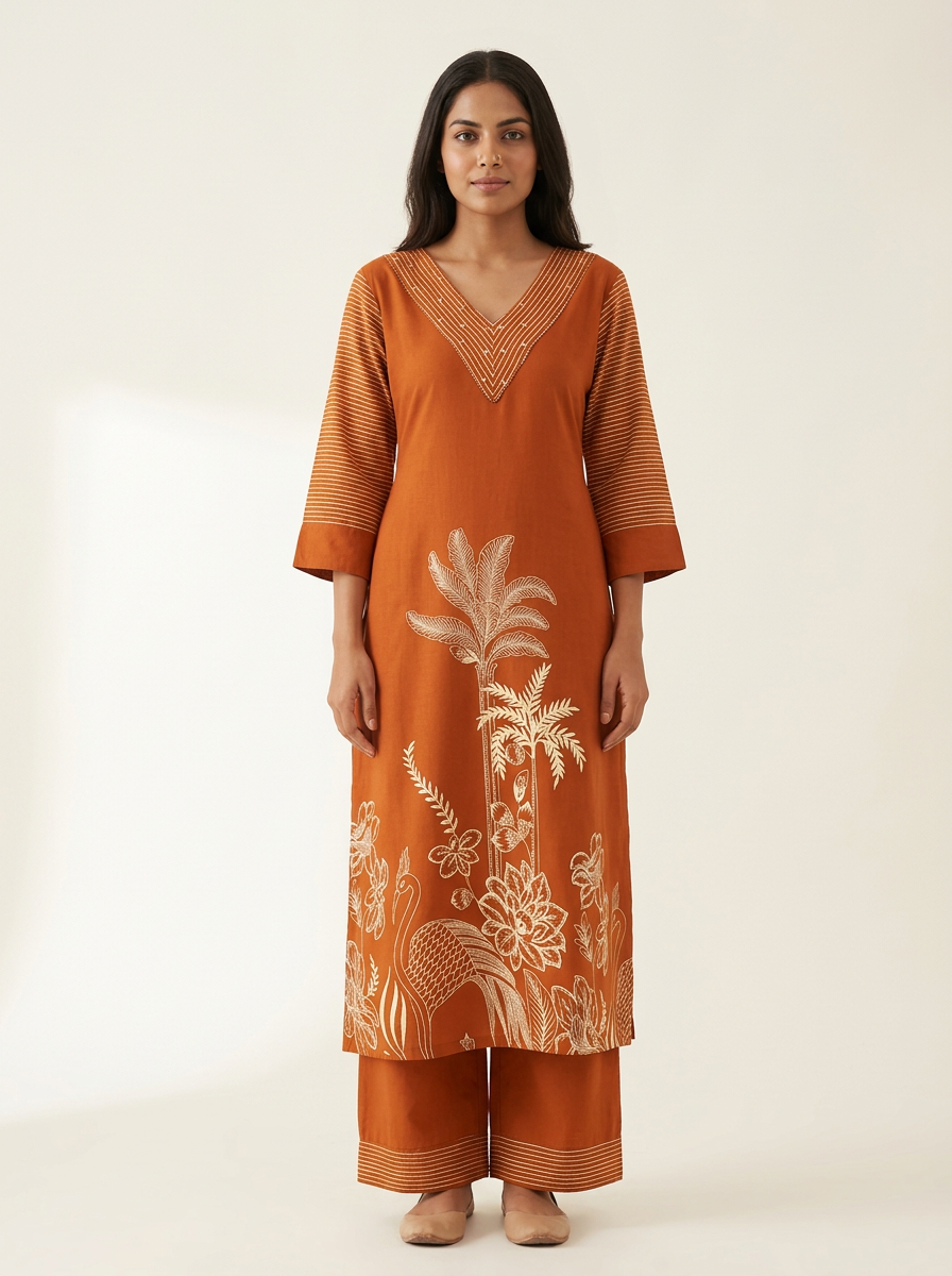 Women Rust Orange Printed Kurta Set with Trousers