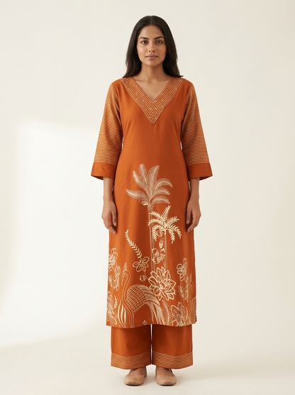 Women Rust Orange Printed Kurta Set with Trousers