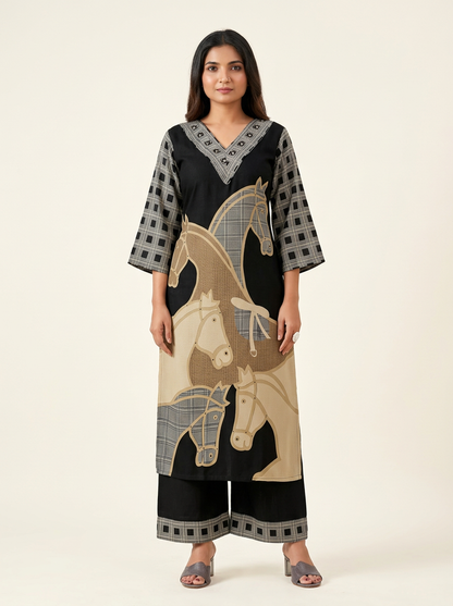 Women Black & Beige Printed & Beads Kurta Set with Trousers