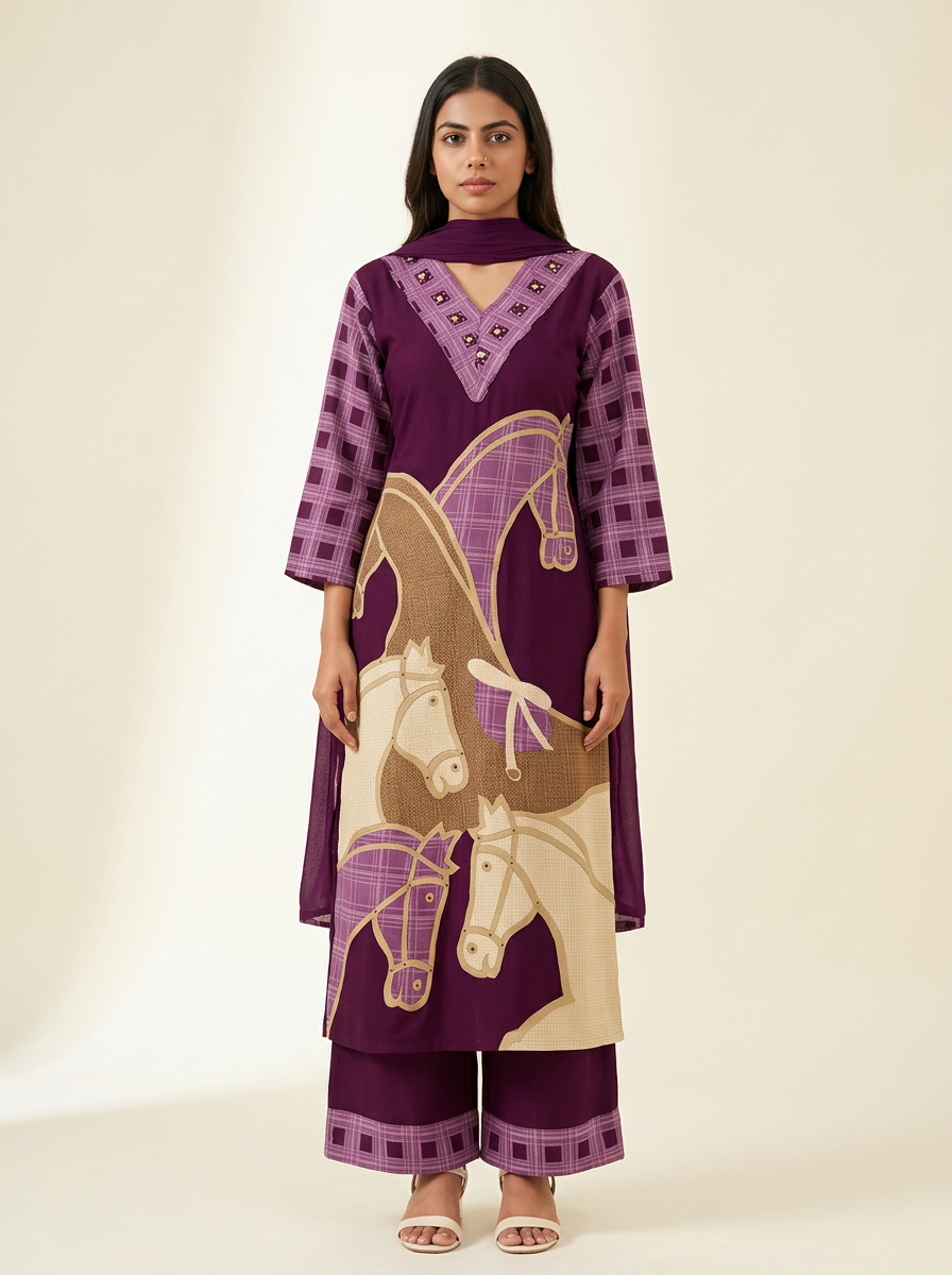 Purple & Beige Printed & Beads Kurta Set with Trousers