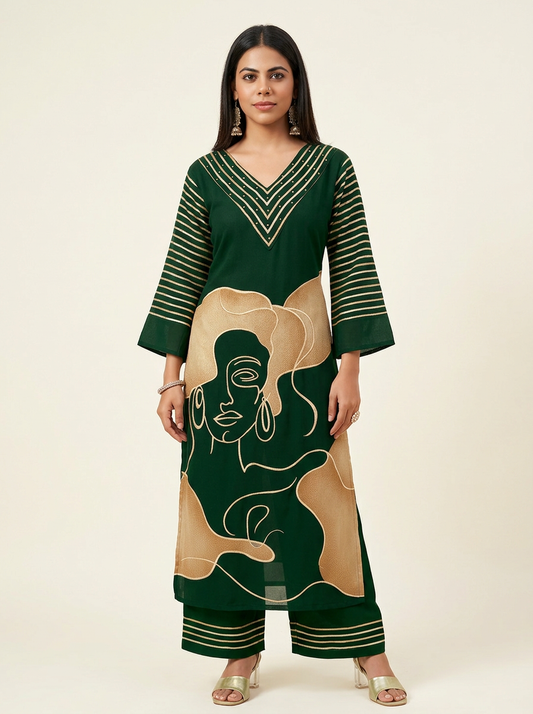 Green & Beige Printed Kurta Set with Trousers