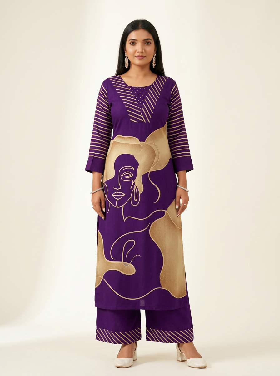 Women Purple & Beige Printed Kurta Set with Trousers