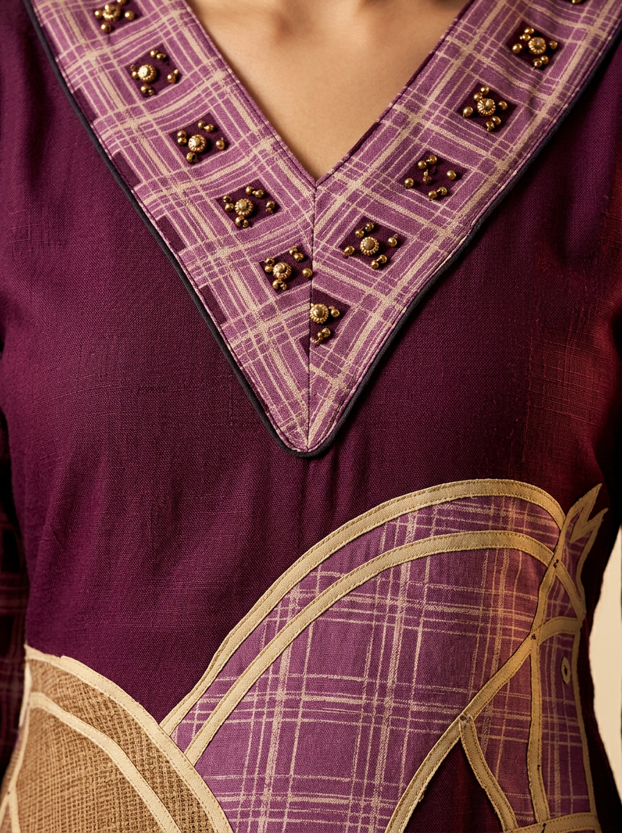 Purple & Beige Printed & Beads Kurta Set with Trousers