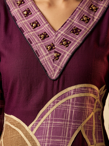 Purple & Beige Printed & Beads Kurta Set with Trousers