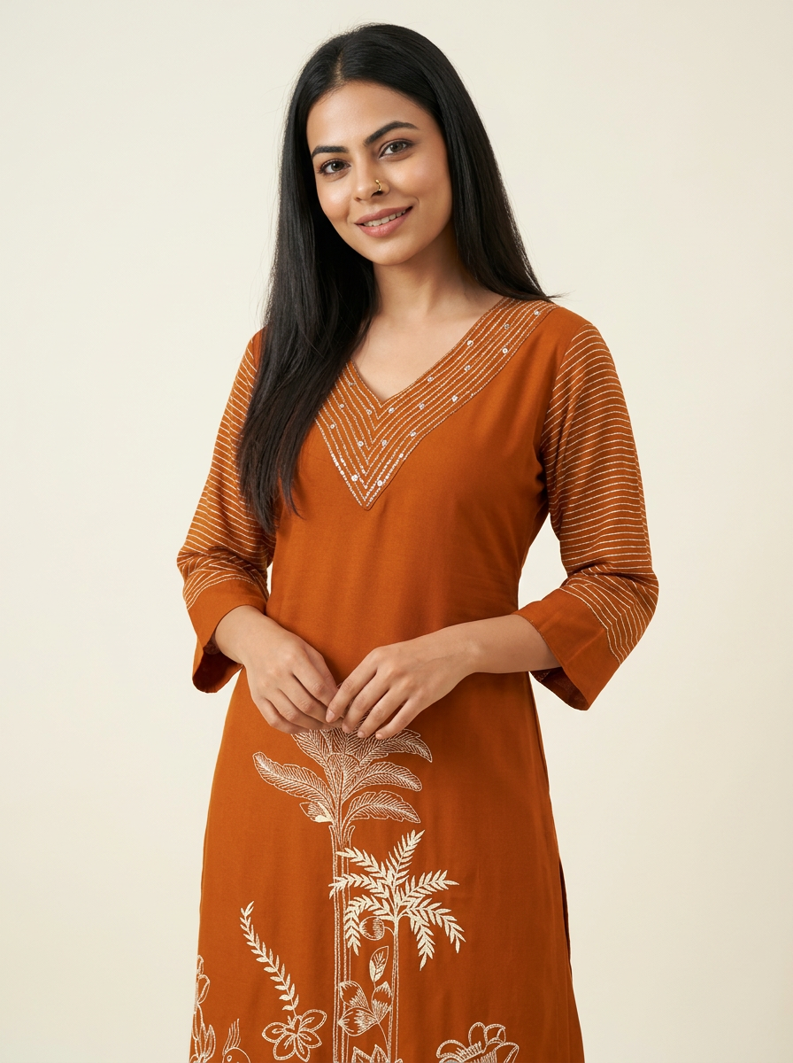 Women Rust Orange Printed Kurta Set with Trousers
