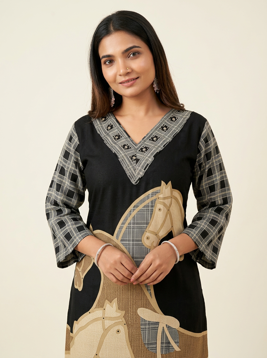 Women Black & Beige Printed & Beads Kurta Set with Trousers