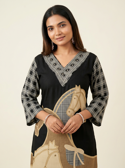 Women Black & Beige Printed & Beads Kurta Set with Trousers