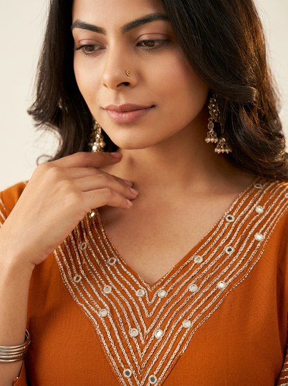 Women Rust Orange Printed Kurta Set with Trousers