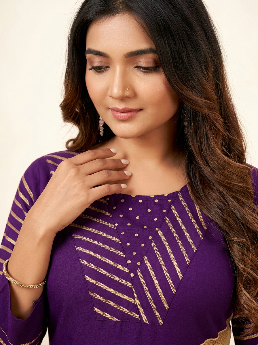Women Purple & Beige Printed Kurta Set with Trousers