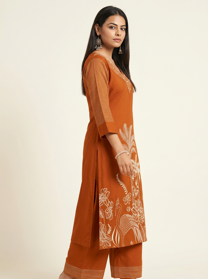 Women Rust Orange Printed Kurta Set with Trousers