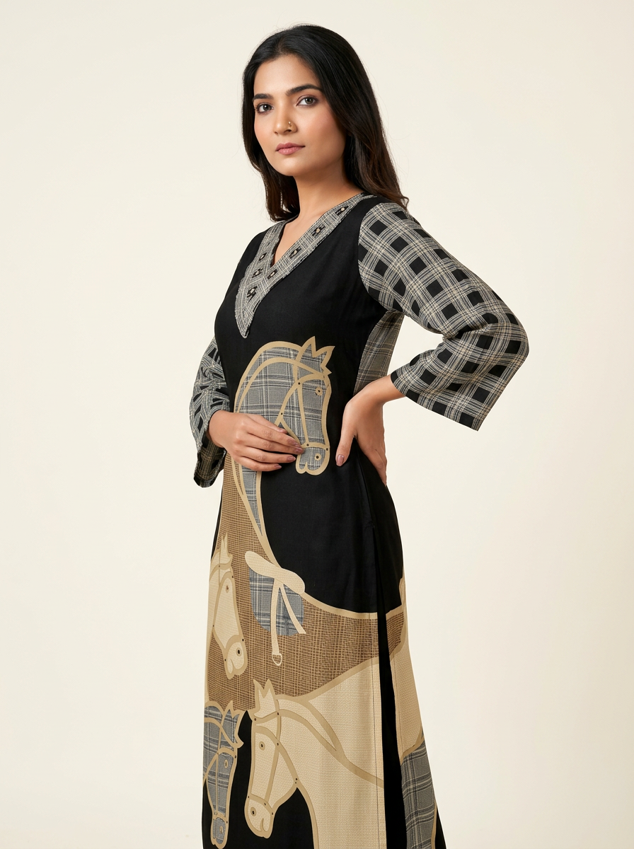 Women Black & Beige Printed & Beads Kurta Set with Trousers